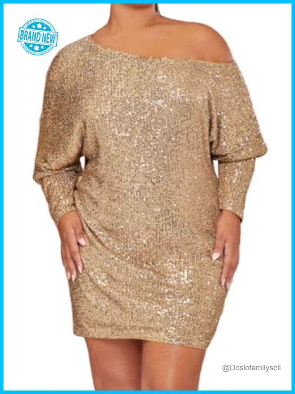 Sequin Off Shoulder Long Sleeve Asymmetric Neck Bodycon Midi Dress Party